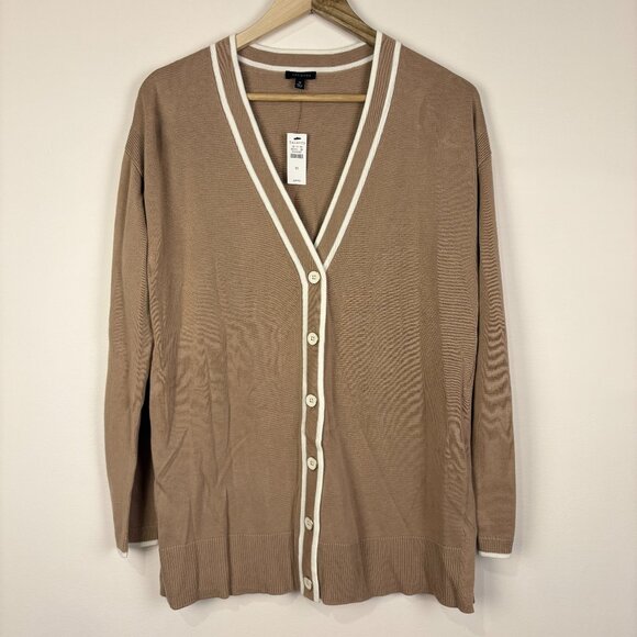 Talbots Tan White Preppy V-Neck Button Cardigan Old Money Cotton Blend - Picture 1 of 7